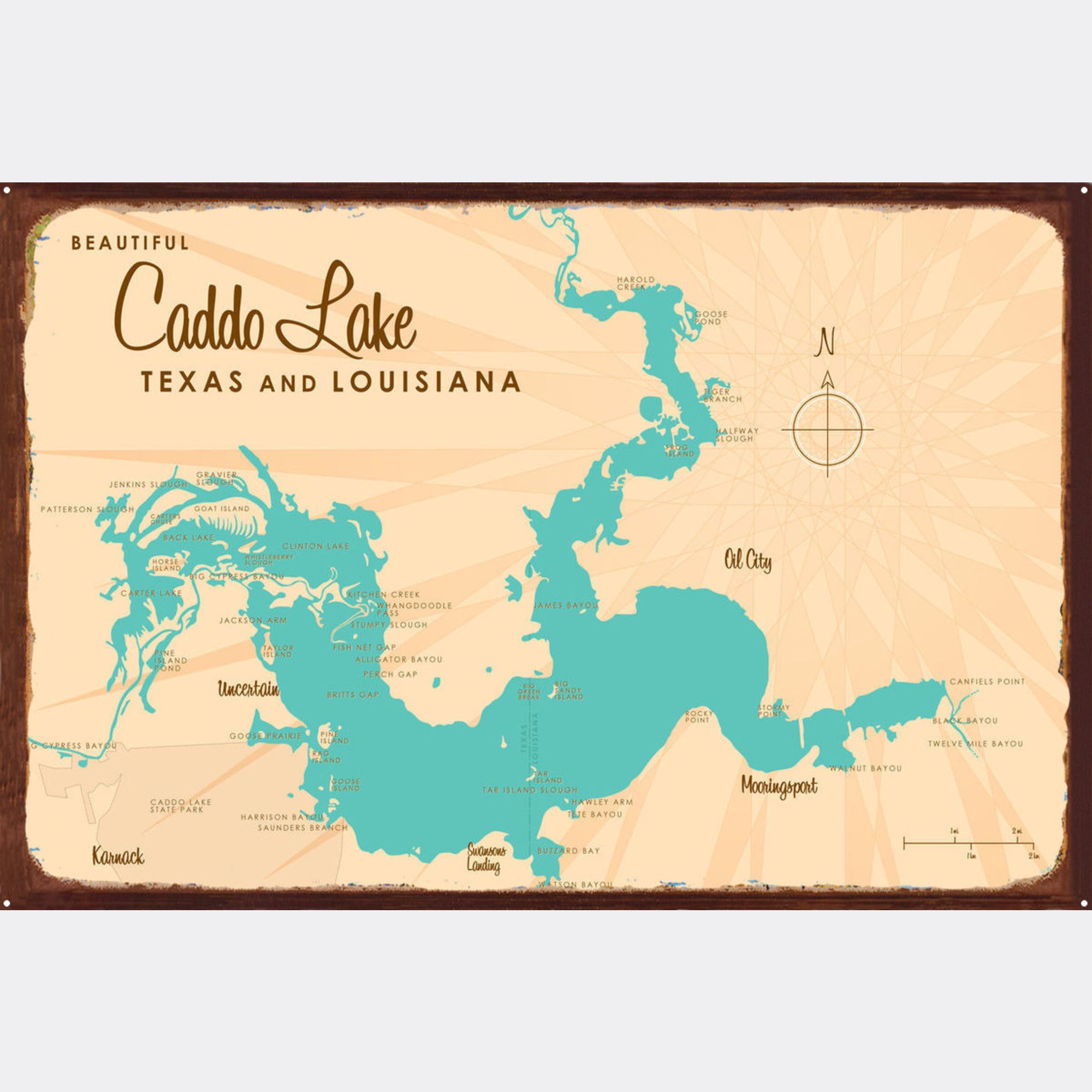 Caddo Lake Texas Louisiana, Rustic Metal Sign Map Art