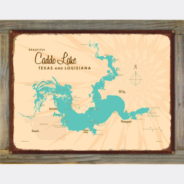 Caddo Lake Texas Louisiana, Wood-Mounted Rustic Metal Sign Map Art