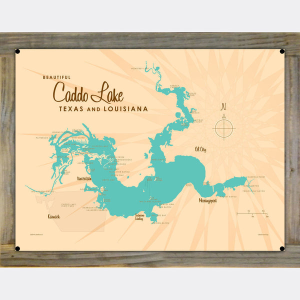 Caddo Lake Texas Louisiana, Wood-Mounted Metal Sign Map Art