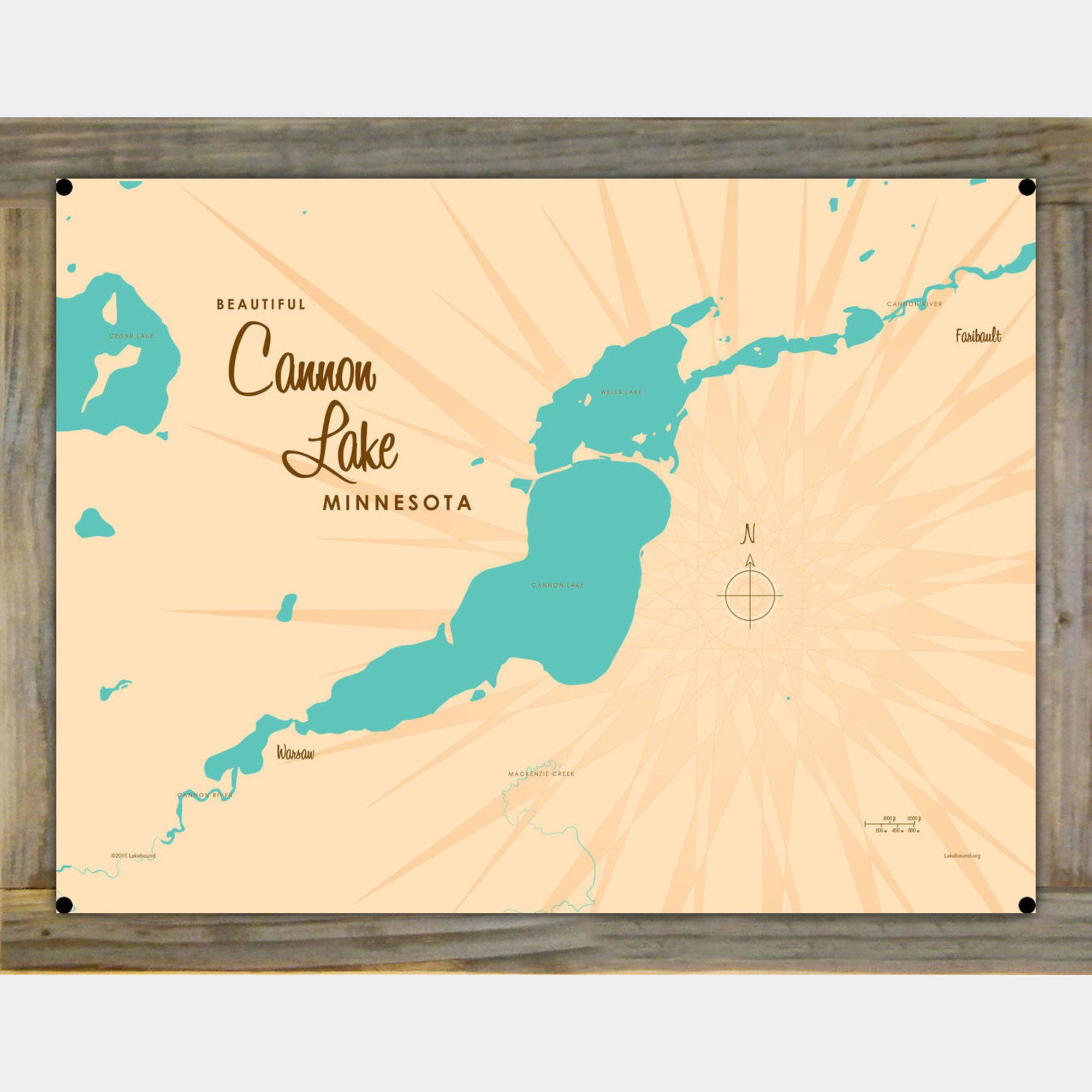 Cannon Lake Minnesota, Wood-Mounted Metal Sign Map Art
