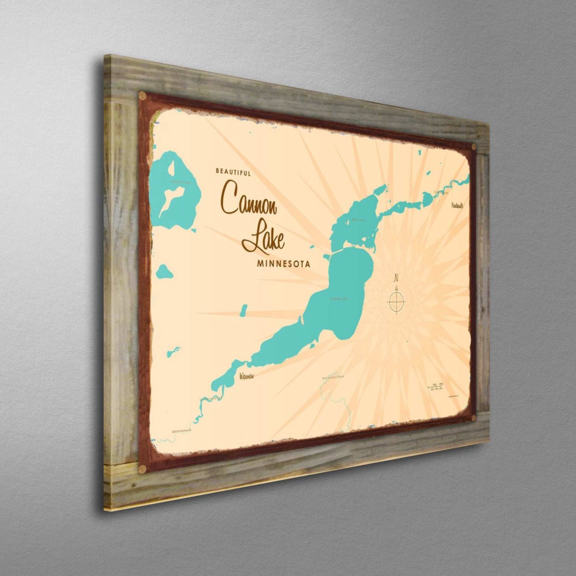 Cannon Lake Minnesota, Wood-Mounted Rustic Metal Sign Map Art
