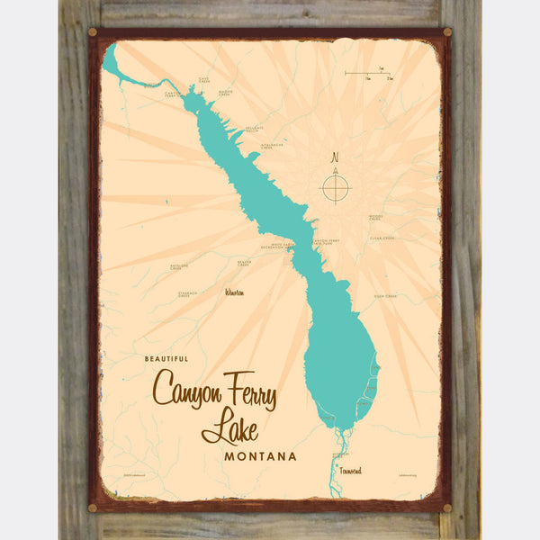 Canyon Ferry Lake Montana, Wood-Mounted Rustic Metal Sign Map Art