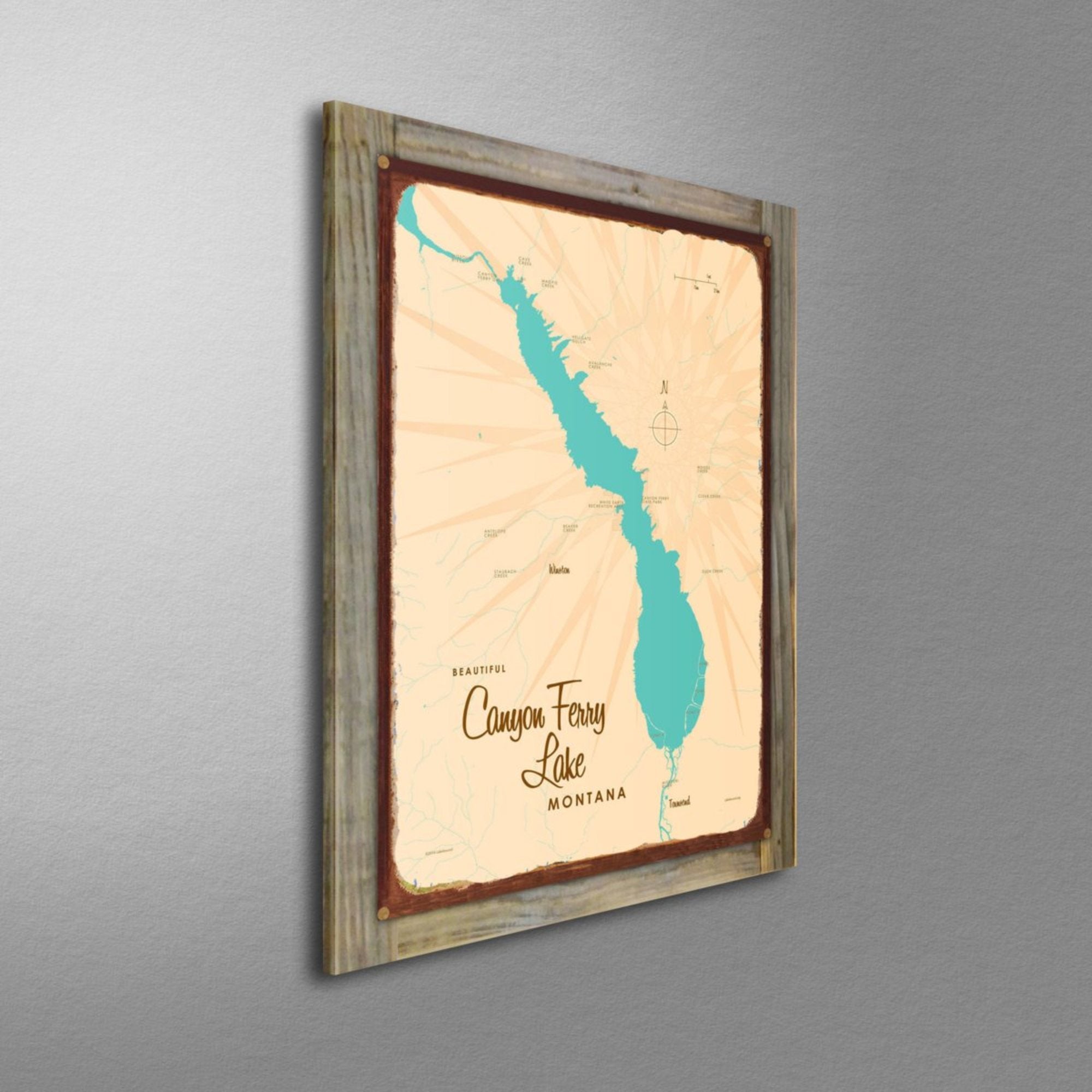 Canyon Ferry Lake Montana, Wood-Mounted Rustic Metal Sign Map Art