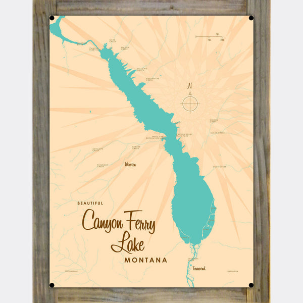 Canyon Ferry Lake Montana, Wood-Mounted Metal Sign Map Art