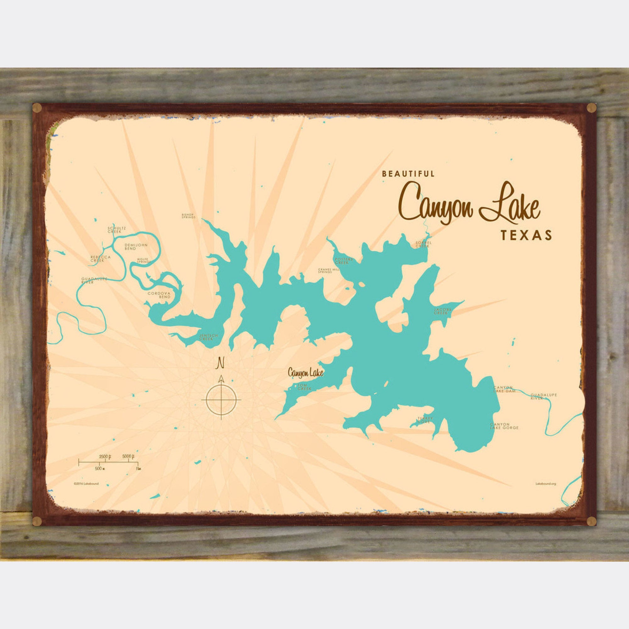 Canyon Lake Texas, Wood-Mounted Rustic Metal Sign Map Art