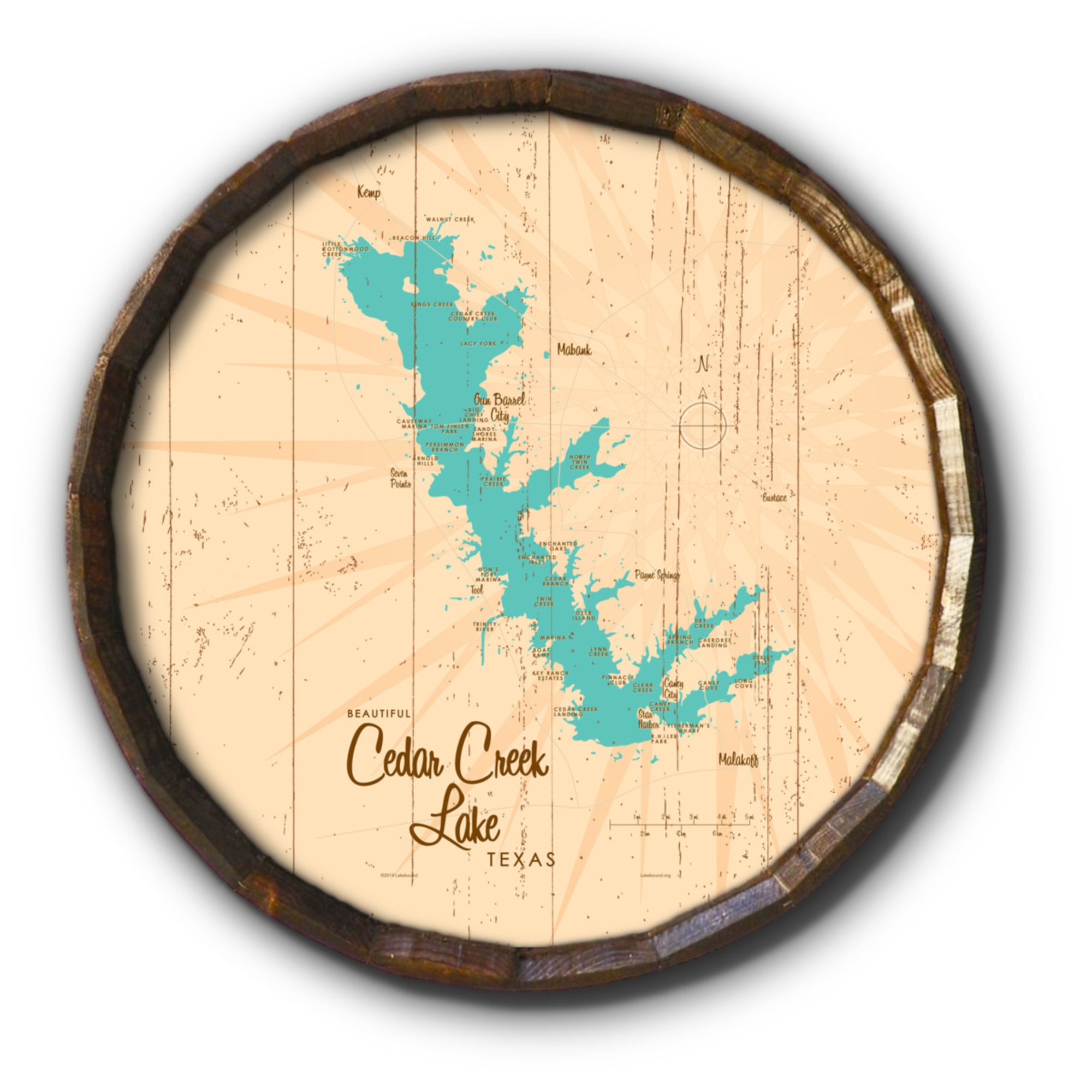 Cedar Creek Lake Texas, Rustic Barrel End Map Art