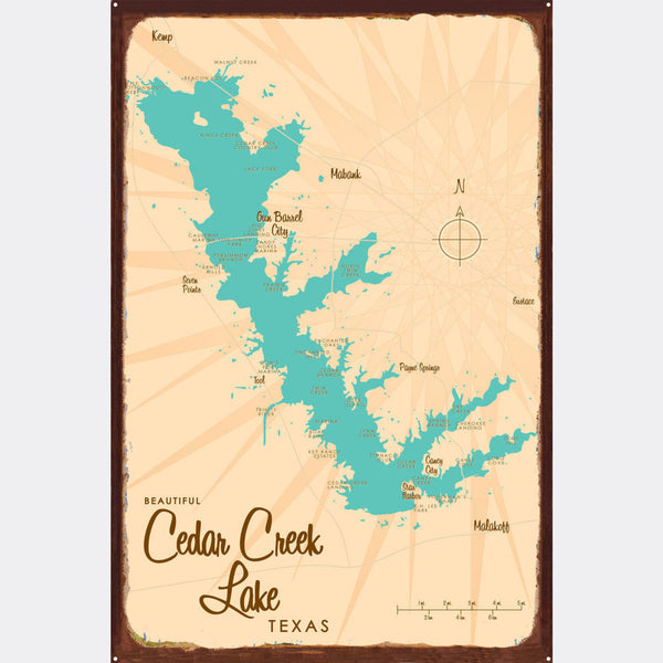 Cedar Creek Lake Texas, Rustic Metal Sign Map Art