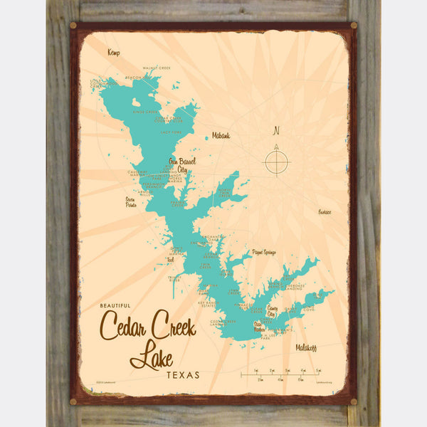 Cedar Creek Lake Texas, Wood-Mounted Rustic Metal Sign Map Art