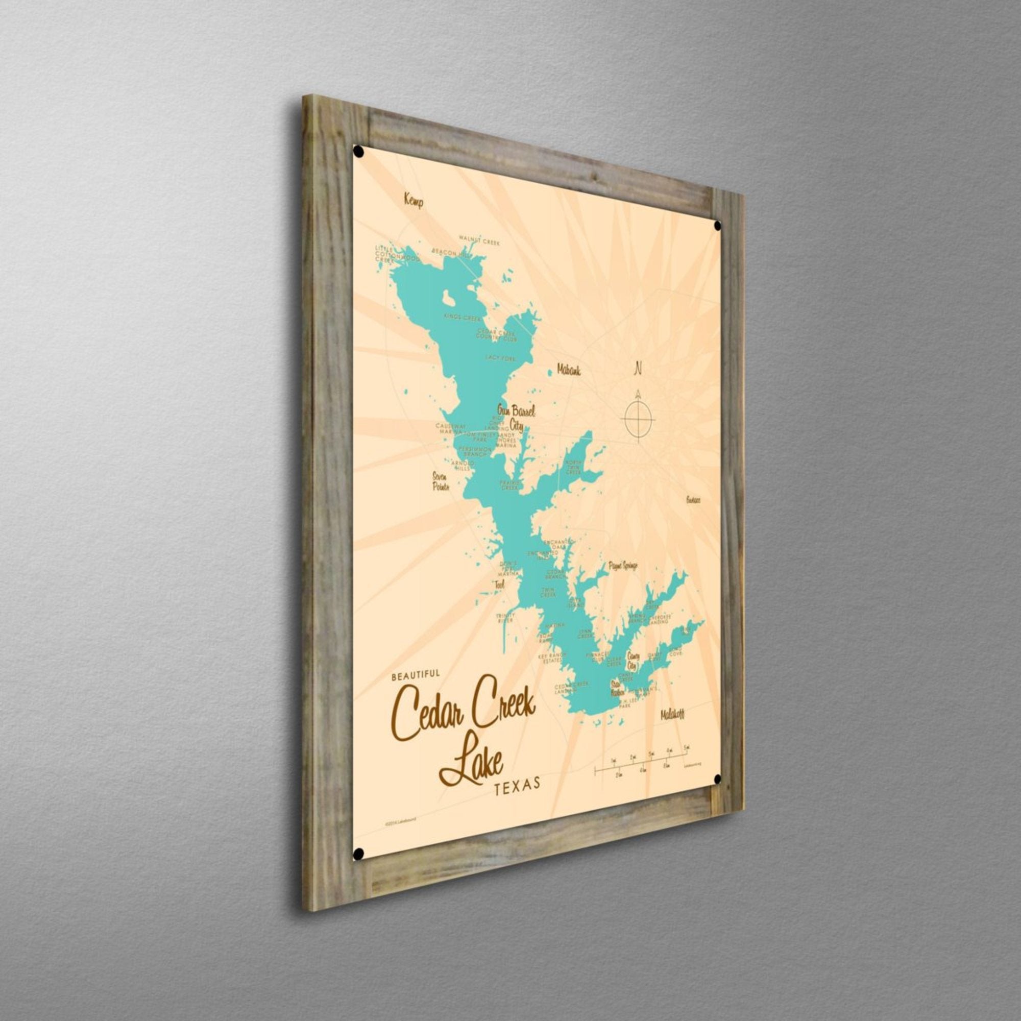 Cedar Creek Lake Texas, Wood-Mounted Metal Sign Map Art