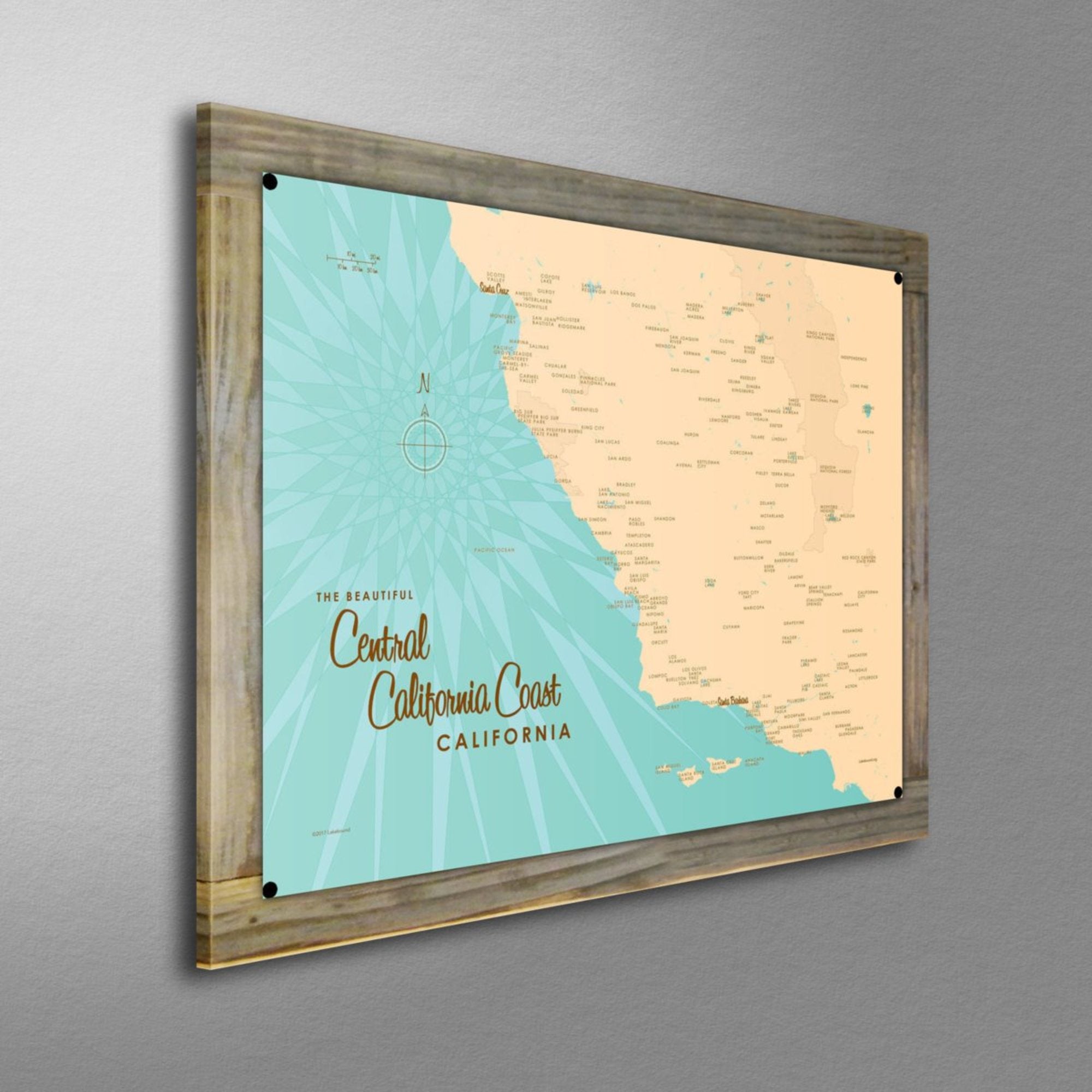 Central California Coast, Wood-Mounted Metal Sign Map Art