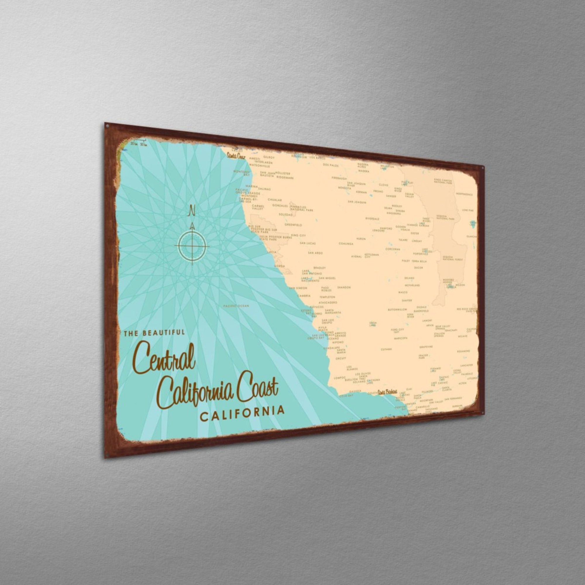 Central California Coast, Rustic Metal Sign Map Art