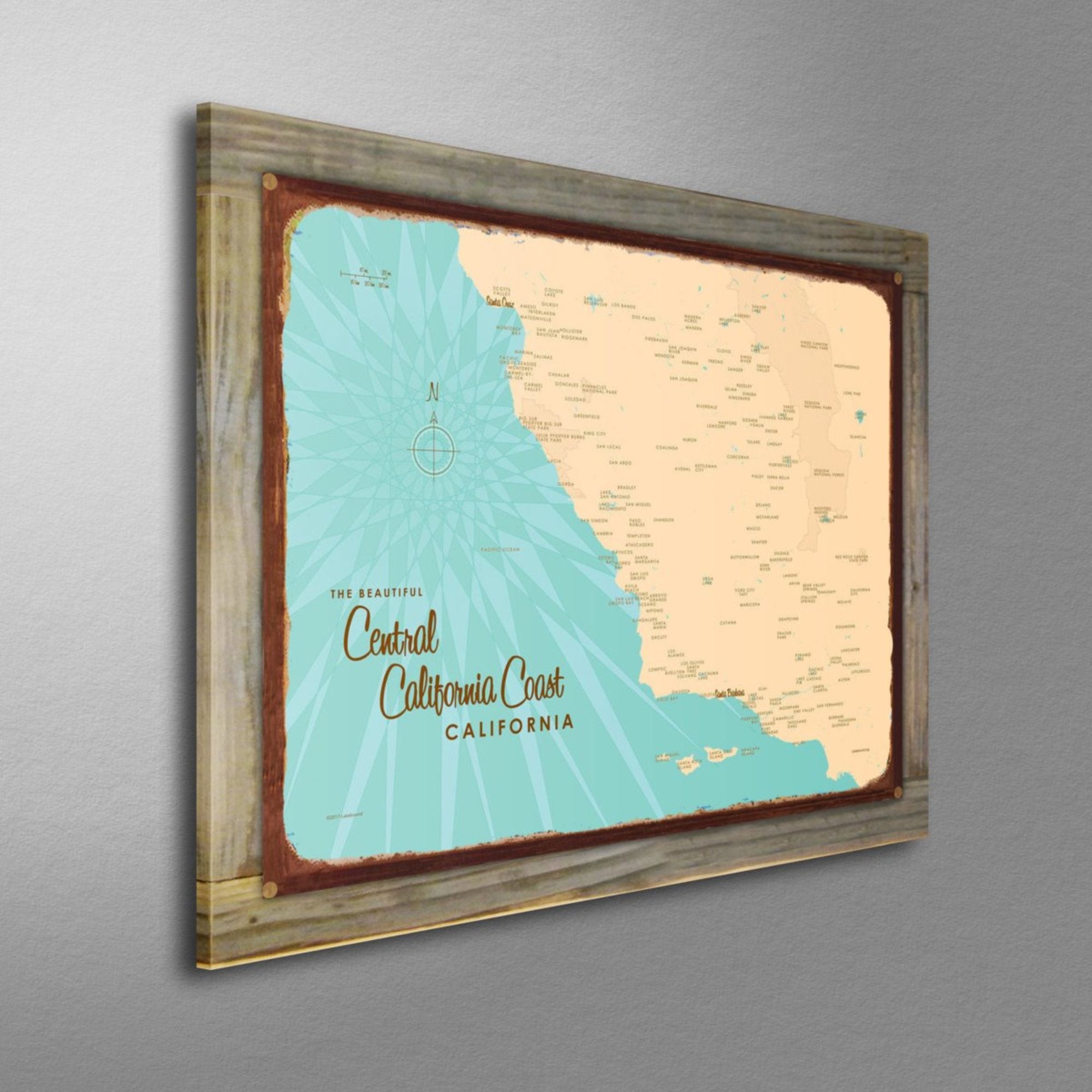 Central California Coast, Wood-Mounted Rustic Metal Sign Map Art
