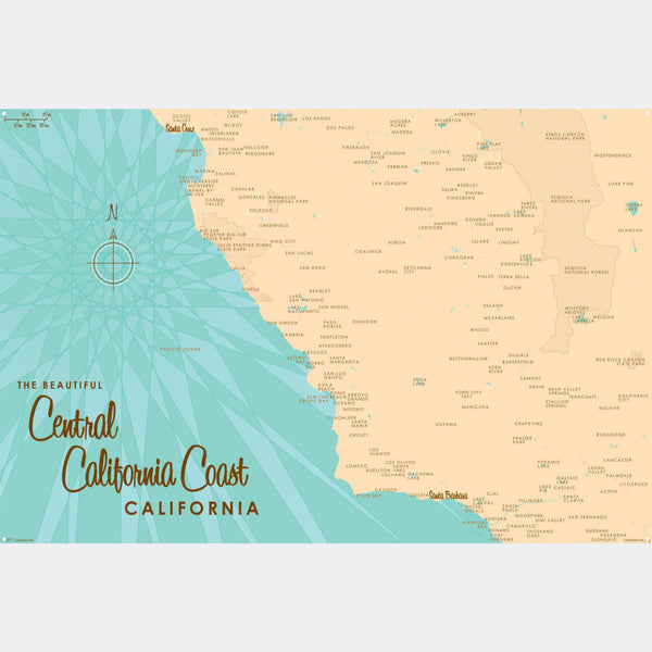 Central California Coast, Metal Sign Map Art