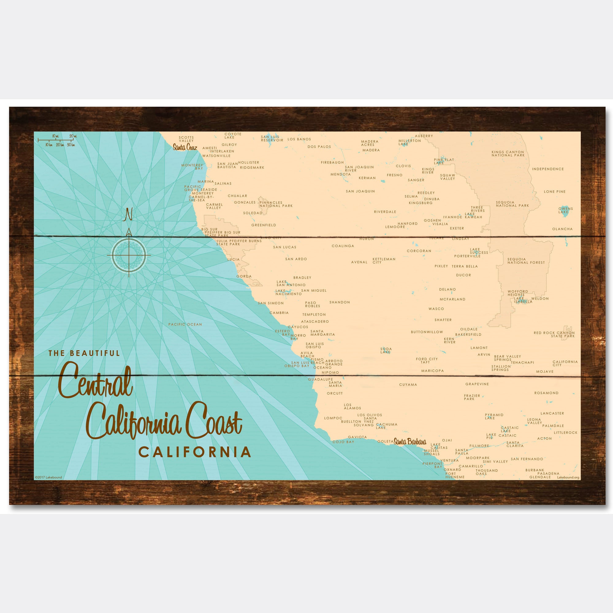 Central CA Coast, Rustic Wood Sign Map Art