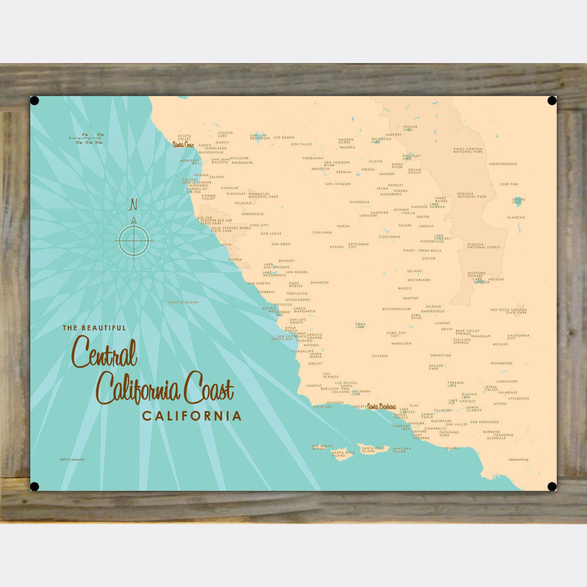 Central California Coast, Wood-Mounted Metal Sign Map Art