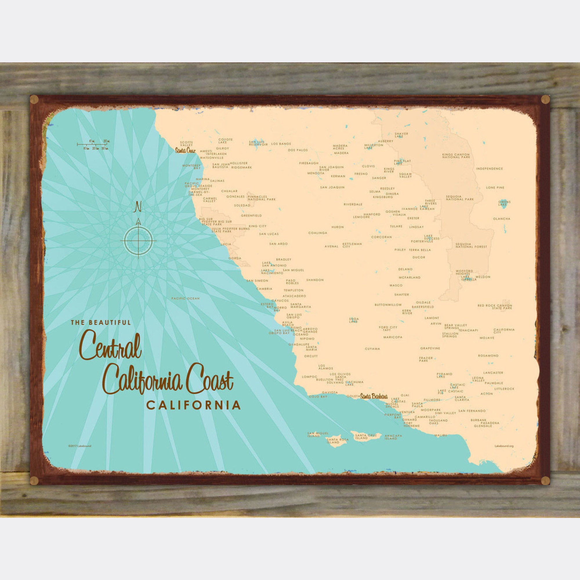 Central California Coast, Wood-Mounted Rustic Metal Sign Map Art