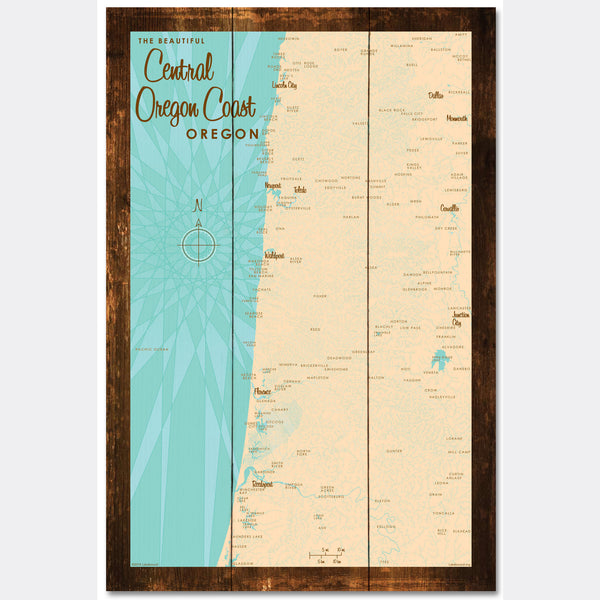 Central Oregon Coast, Rustic Wood Sign Map Art