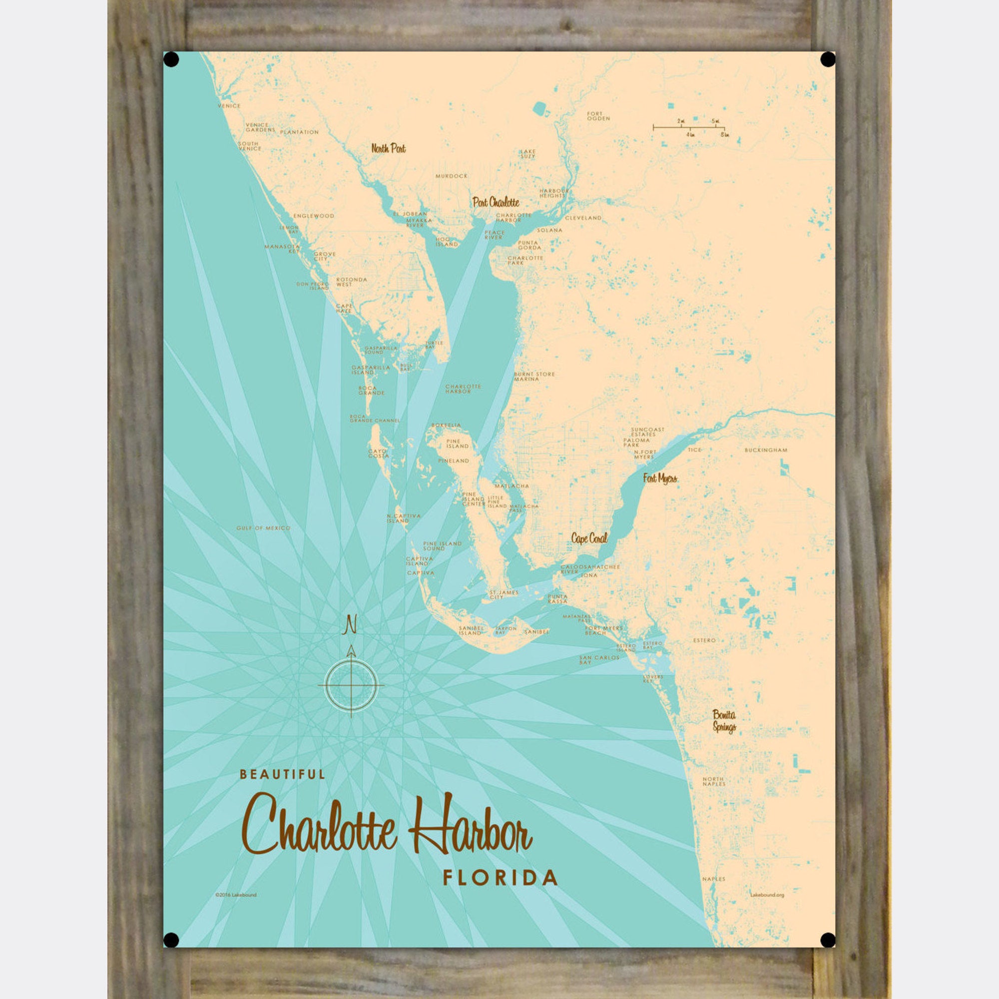 Charlotte Harbor Florida, Wood-Mounted Metal Sign Map Art