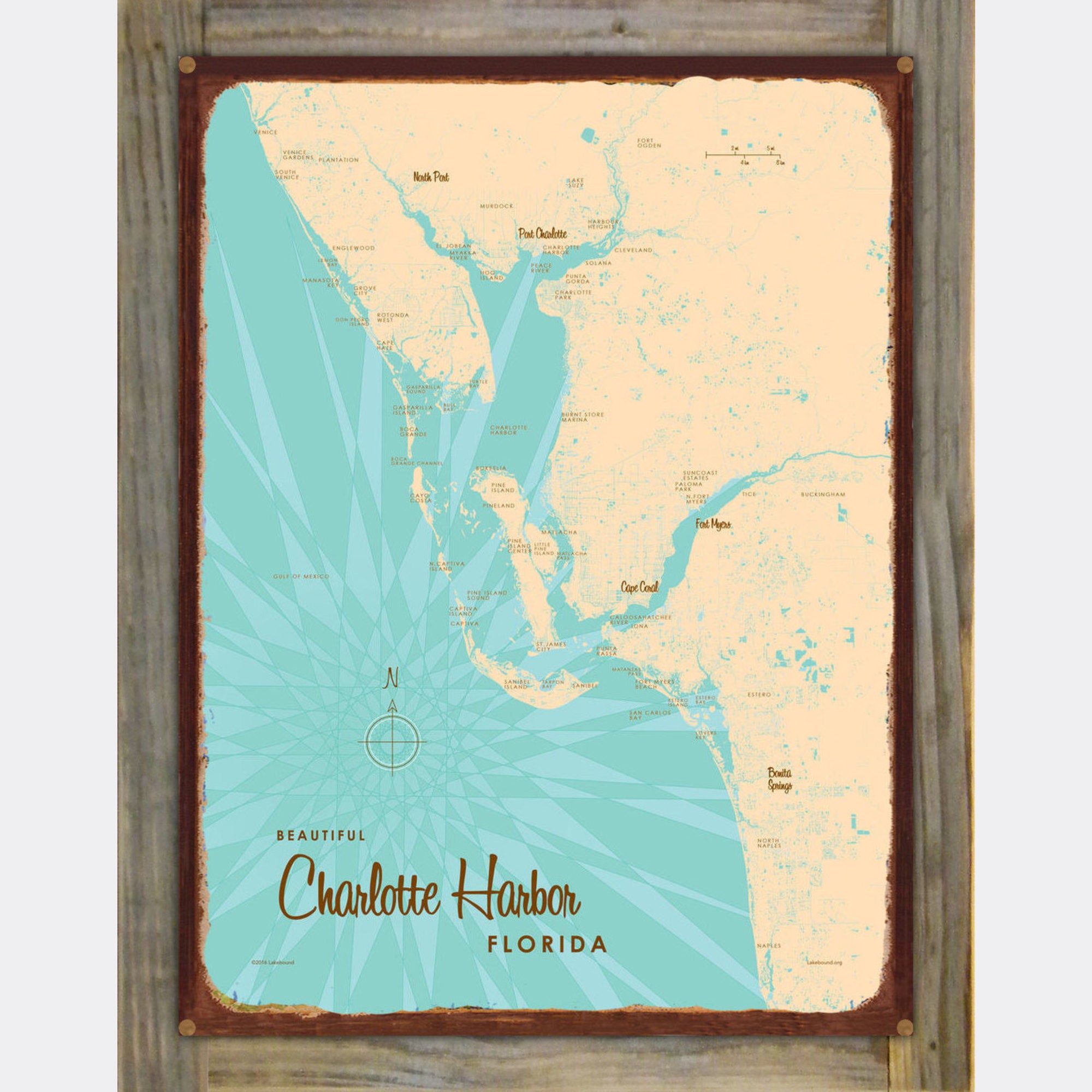 Charlotte Harbor Florida, Wood-Mounted Rustic Metal Sign Map Art