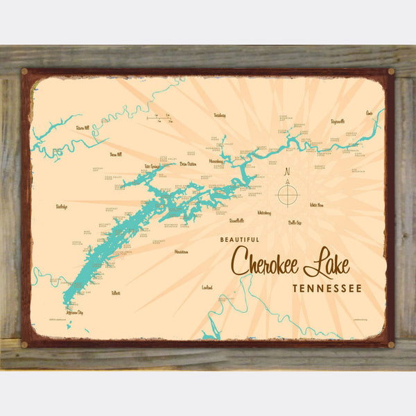 Cherokee Lake Tennessee, Wood-Mounted Rustic Metal Sign Map Art