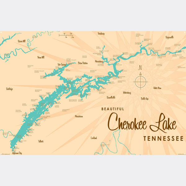 Cherokee Lake Tennessee, Metal Sign Map Art