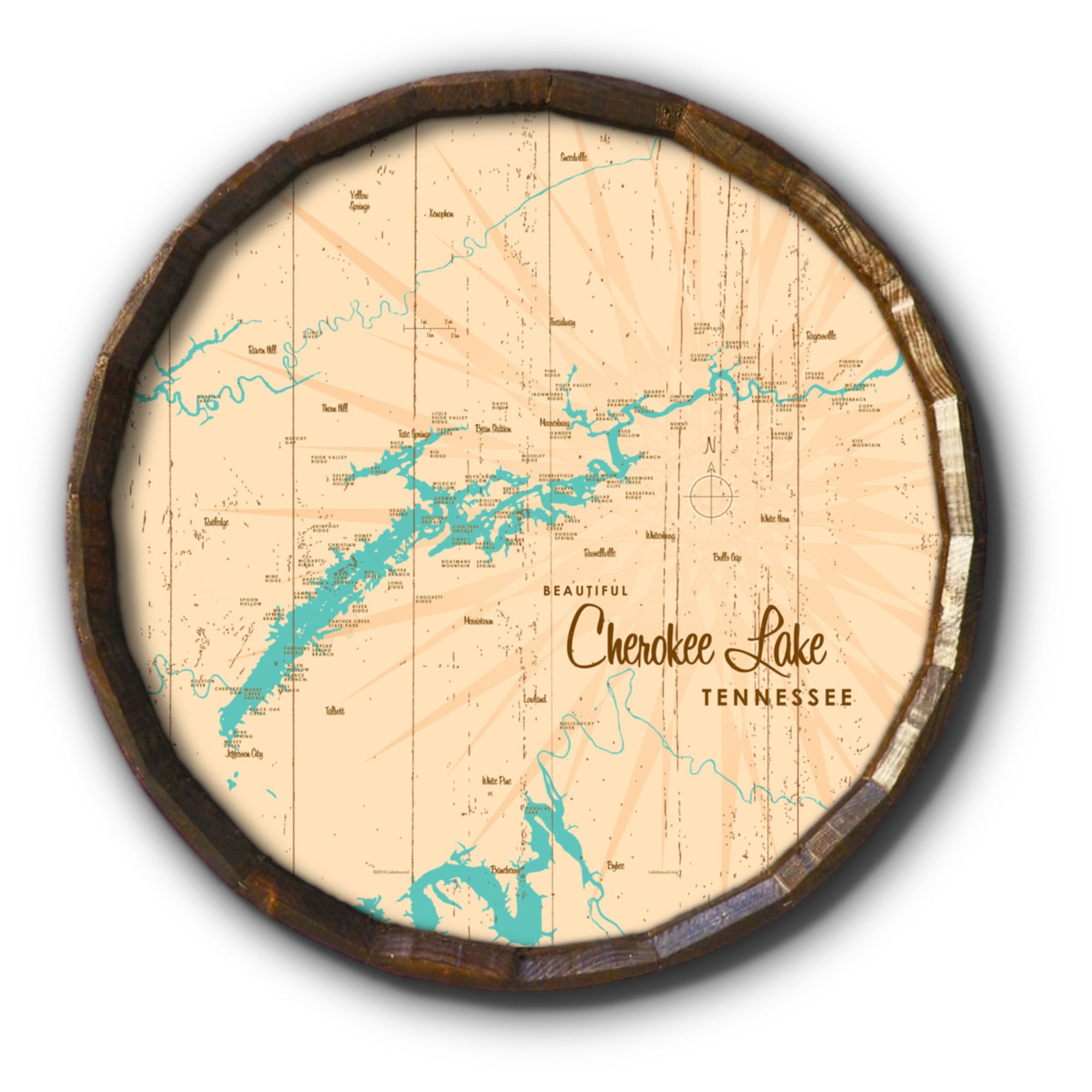 Cherokee Lake Tennessee, Rustic Barrel End Map Art
