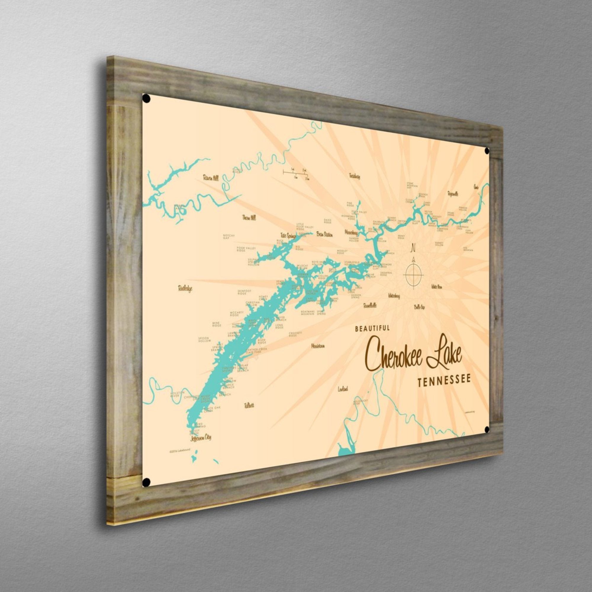Cherokee Lake Tennessee, Wood-Mounted Metal Sign Map Art