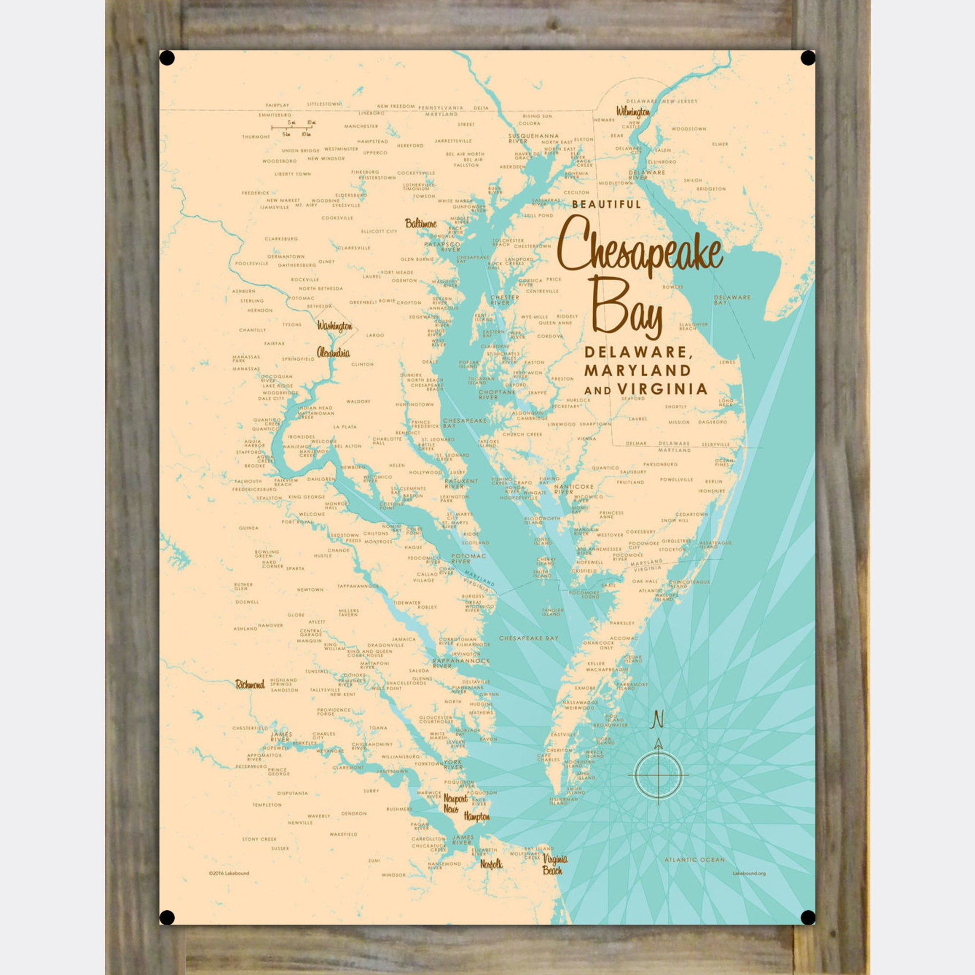 Chesapeake Bay Maryland Virginia, Wood-Mounted Metal Sign Map Art