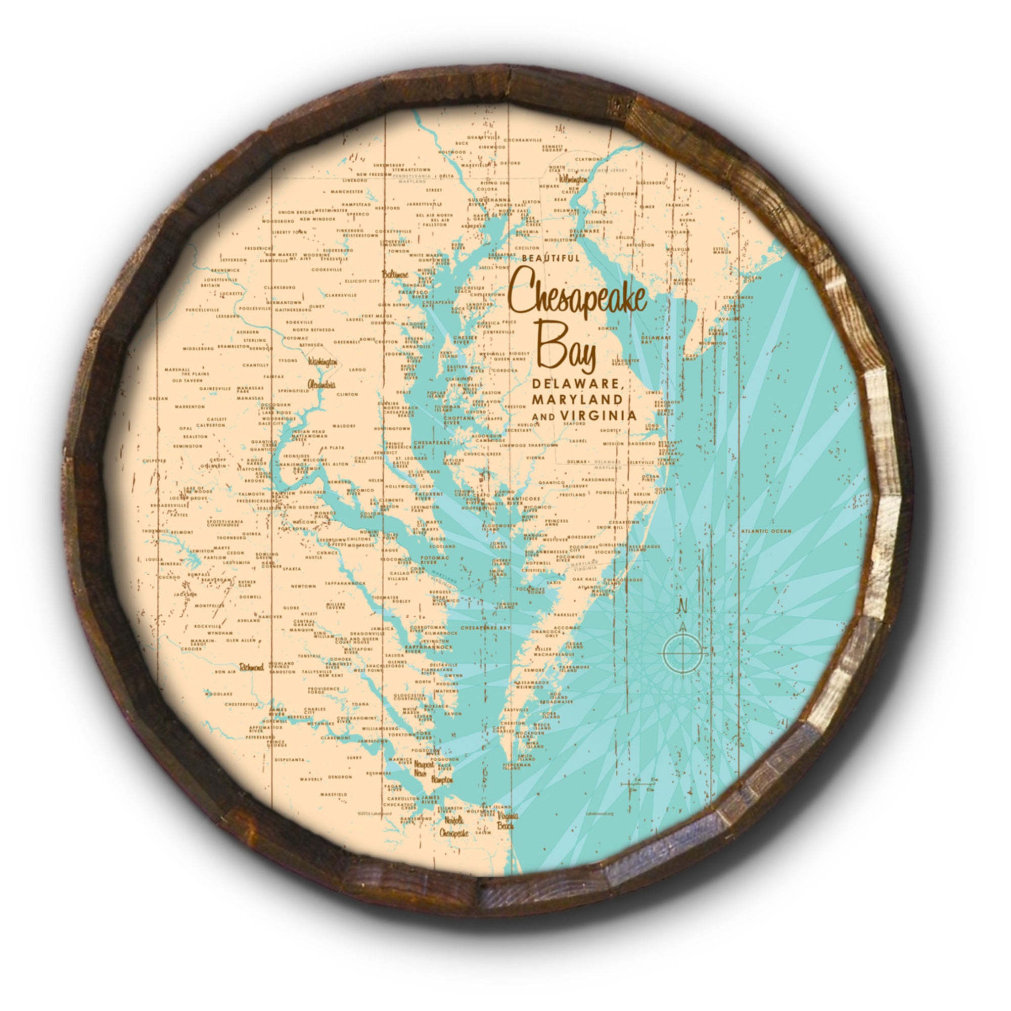 Chesapeake Bay MD Virginia, Rustic Barrel End Map Art