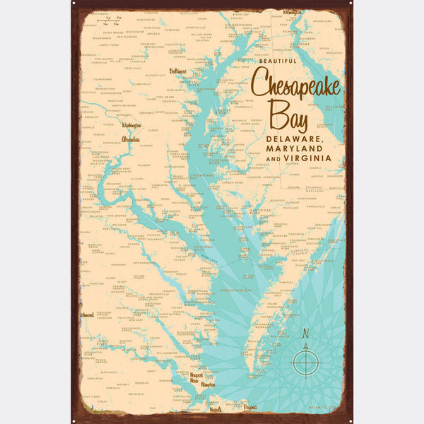 Chesapeake Bay Maryland Virginia, Rustic Metal Sign Map Art
