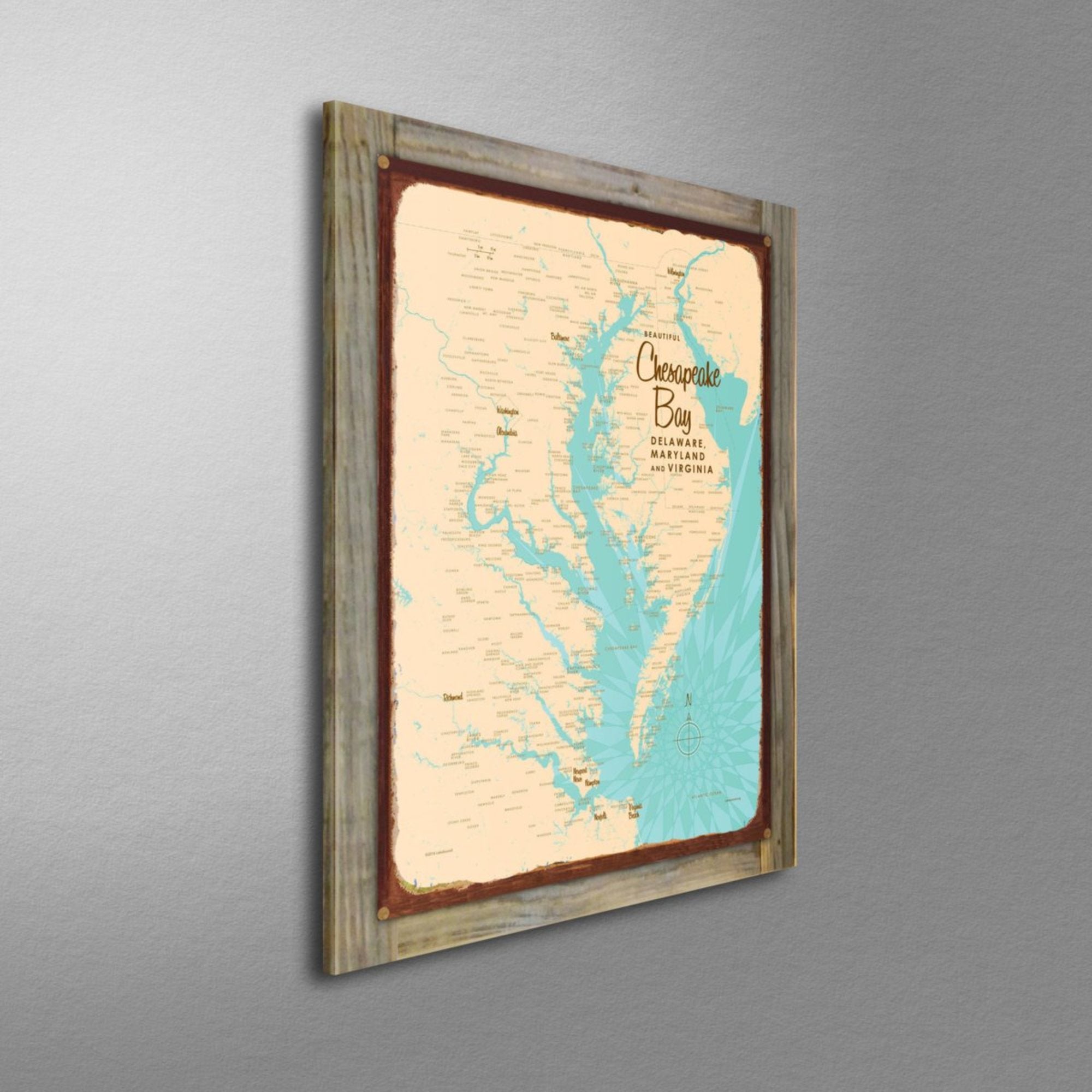 Chesapeake Bay Maryland Virginia, Wood-Mounted Rustic Metal Sign Map Art