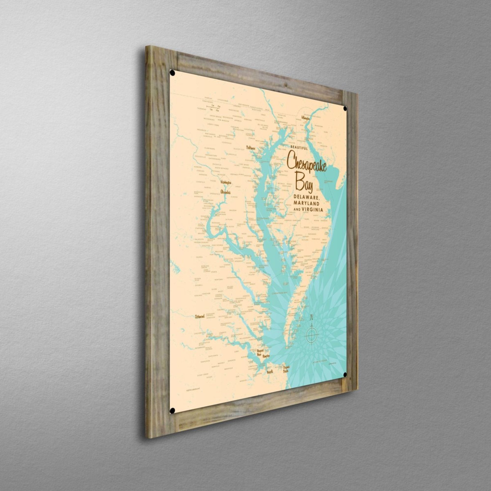 Chesapeake Bay Maryland Virginia, Wood-Mounted Metal Sign Map Art