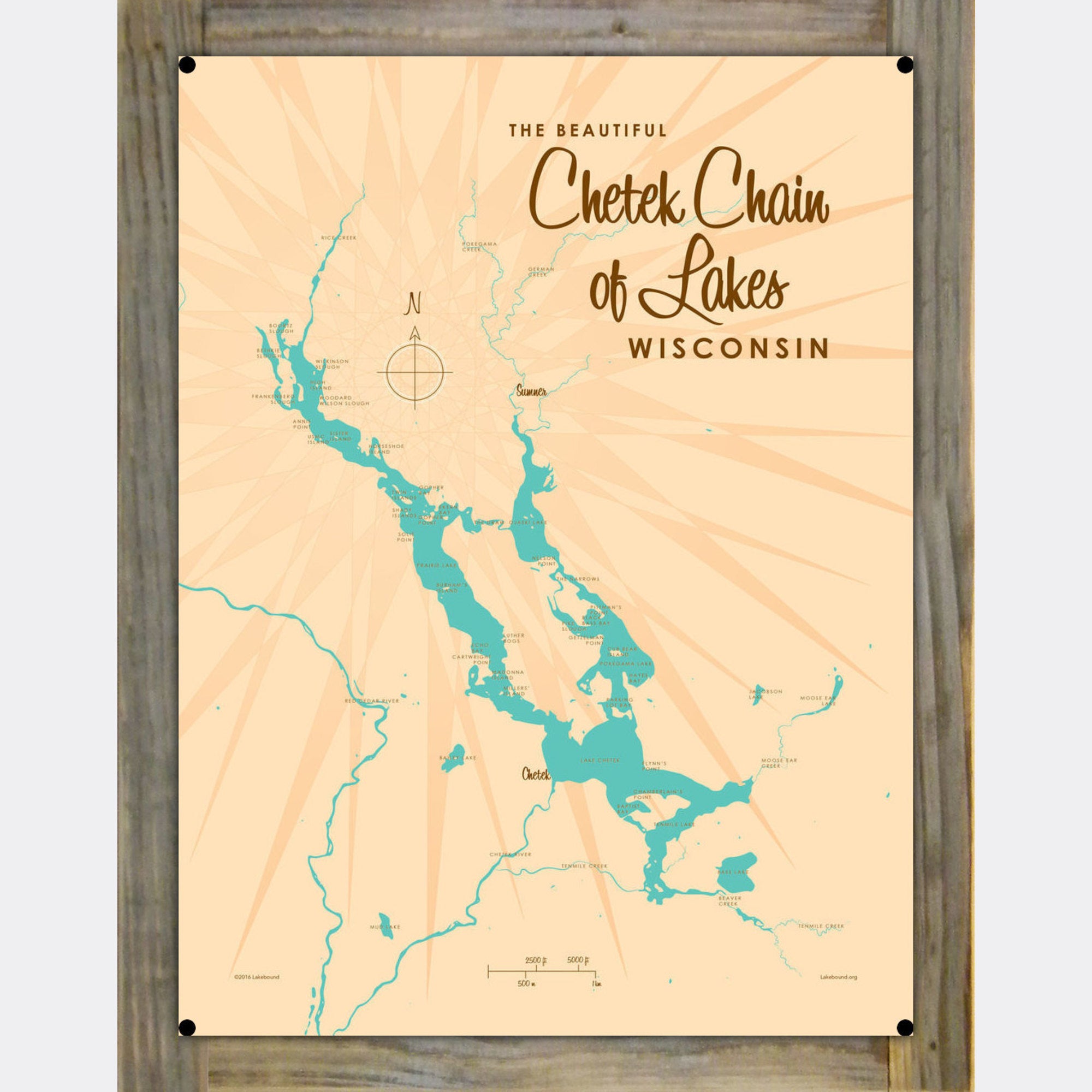 Chetek Chain of Lakes Wisconsin, Wood-Mounted Metal Sign Map Art