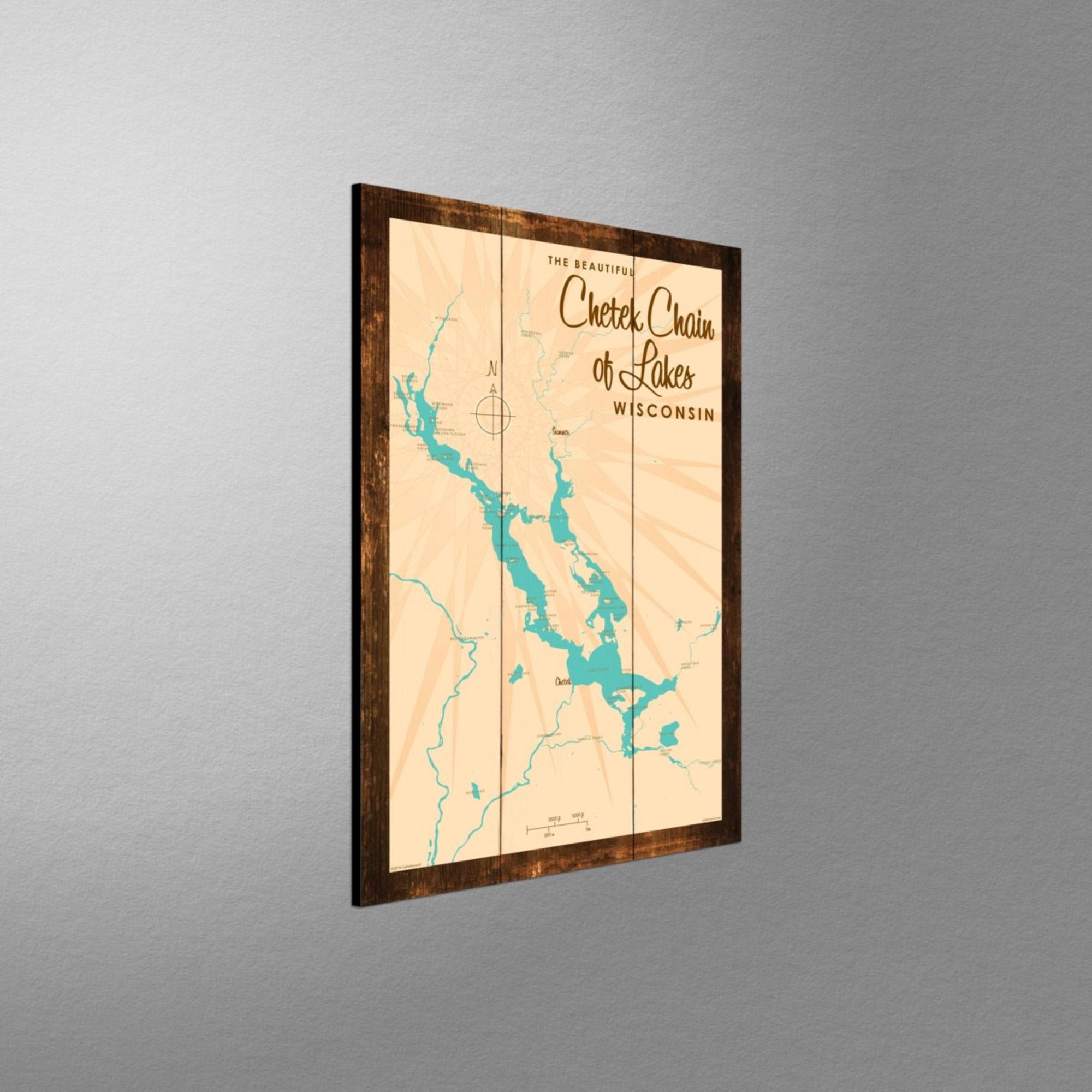Chetek Chain of Lakes Wisconsin, Rustic Wood Sign Map Art
