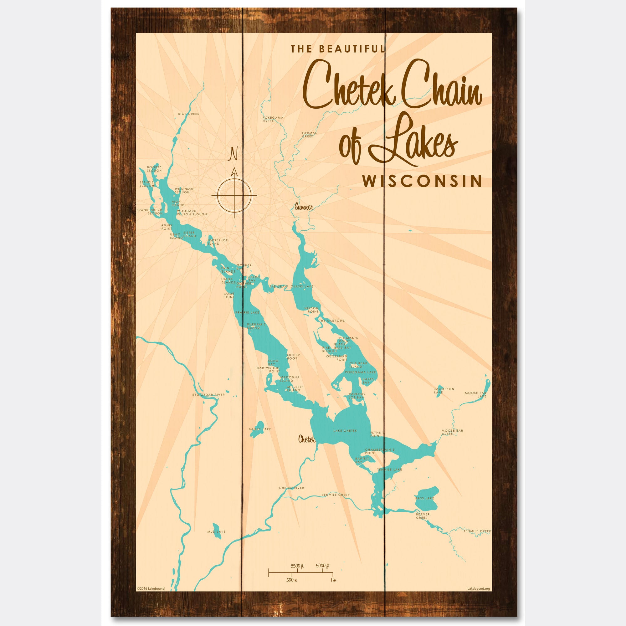 Chetek Chain of Lakes Wisconsin, Rustic Wood Sign Map Art