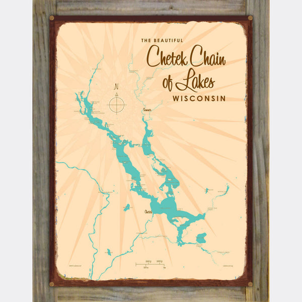 Chetek Chain of Lakes Wisconsin, Wood-Mounted Rustic Metal Sign Map Art