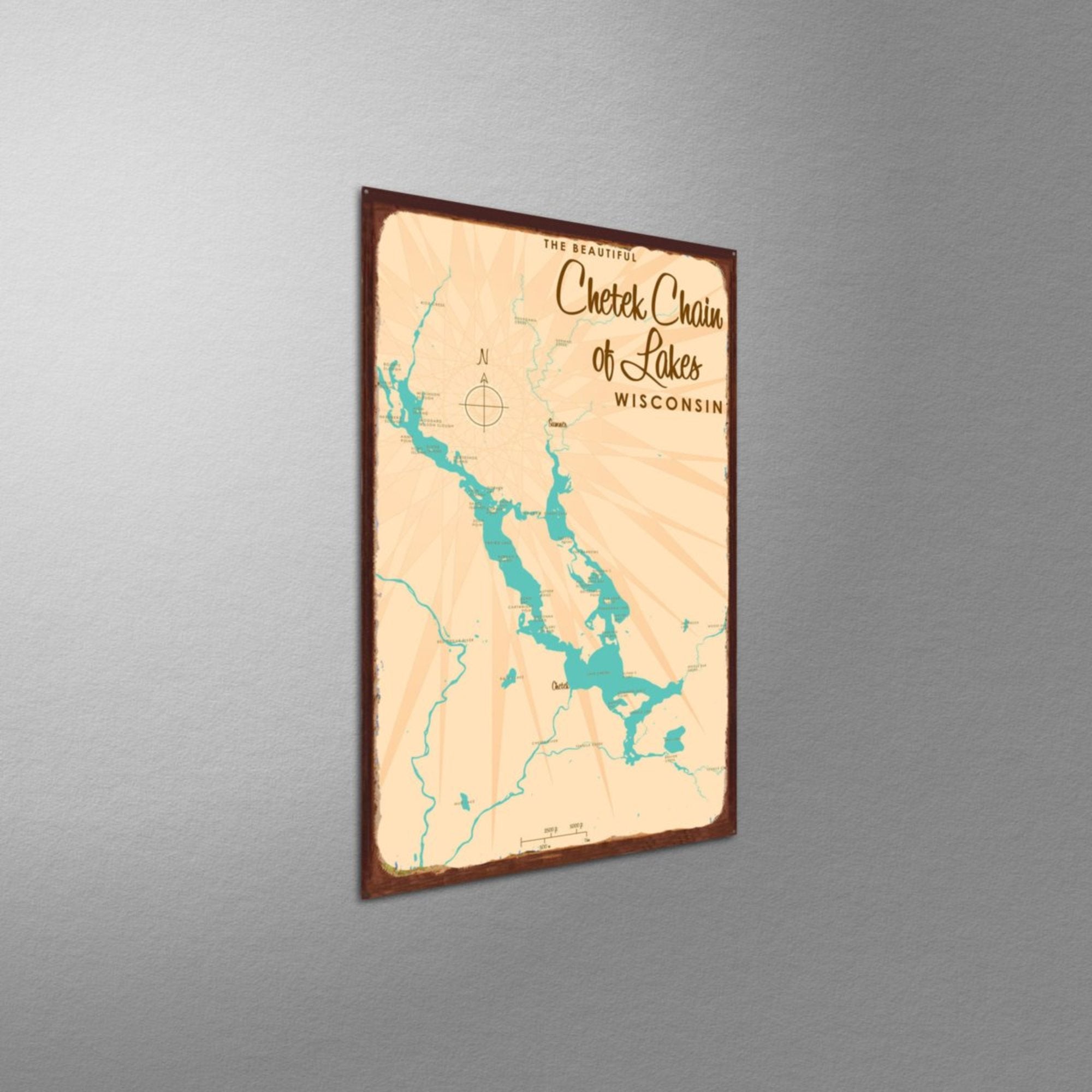 Chetek Chain of Lakes Wisconsin, Rustic Metal Sign Map Art