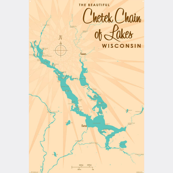 Chetek Chain of Lakes Wisconsin, Metal Sign Map Art