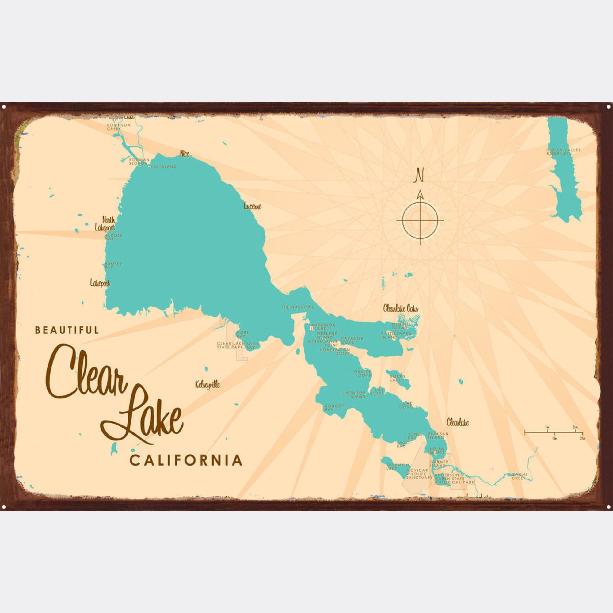 Clear Lake California, Rustic Metal Sign Map Art