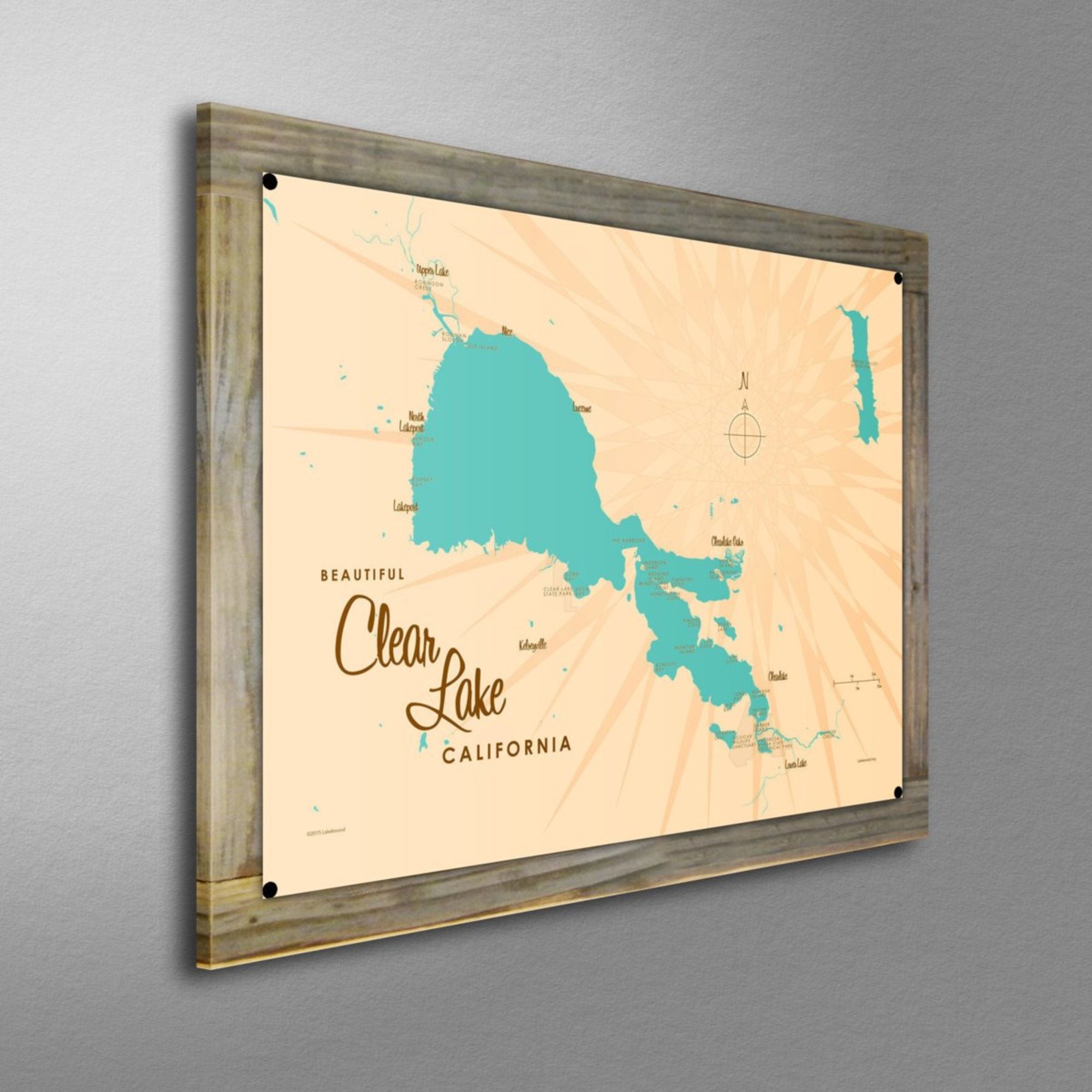 Clear Lake California, Wood-Mounted Metal Sign Map Art