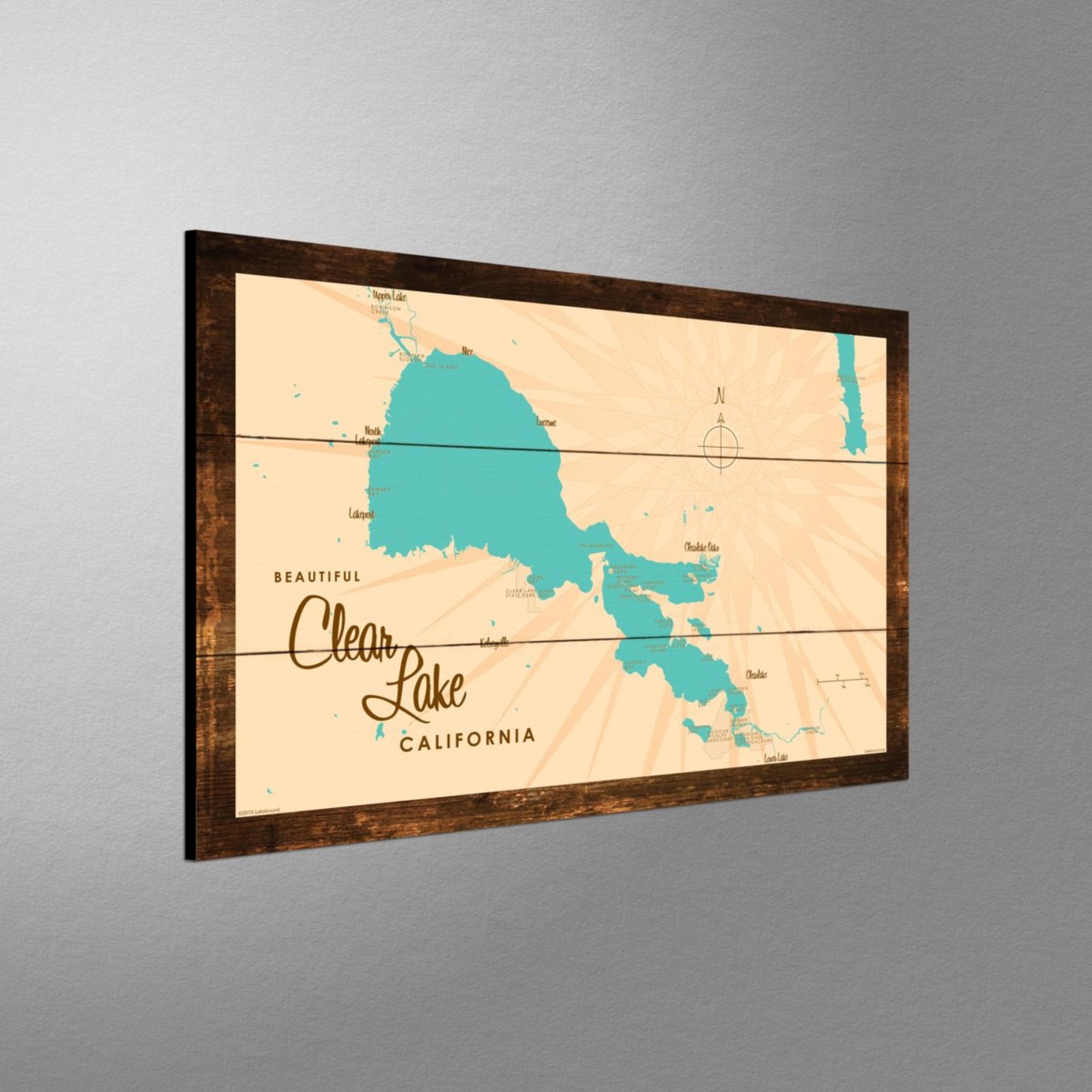 Clear Lake California, Rustic Wood Sign Map Art