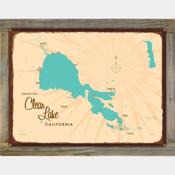 Clear Lake California, Wood-Mounted Rustic Metal Sign Map Art