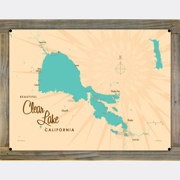 Clear Lake California, Wood-Mounted Metal Sign Map Art