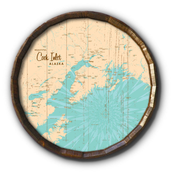 Cook Inlet Alaska, Rustic Barrel End Map Art