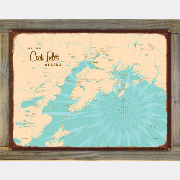 Cook Inlet Alaska, Wood-Mounted Rustic Metal Sign Map Art