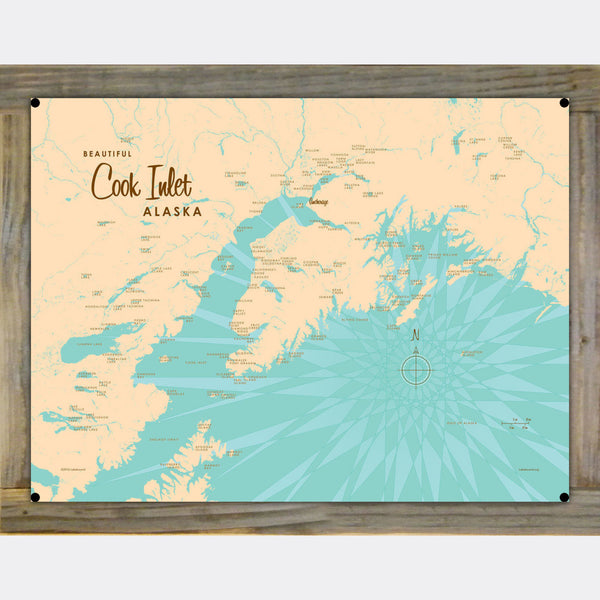 Cook Inlet Alaska, Wood-Mounted Metal Sign Map Art
