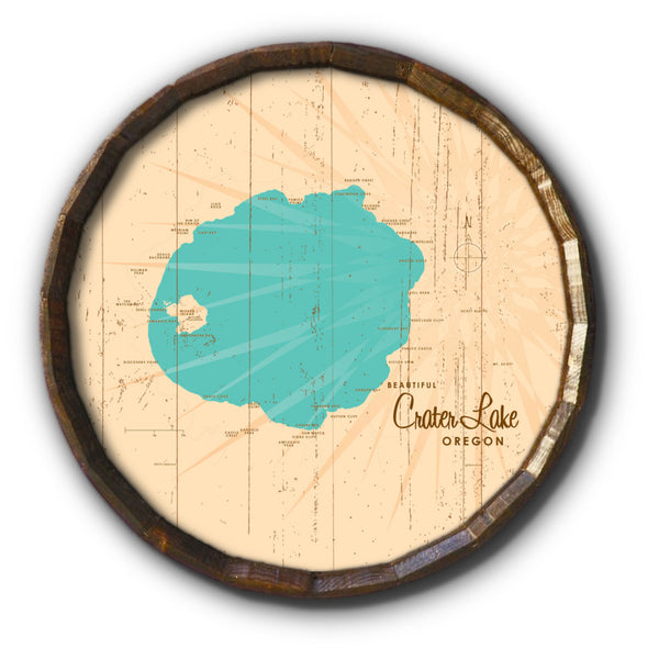 Crater Lake Oregon, Rustic Barrel End Map Art