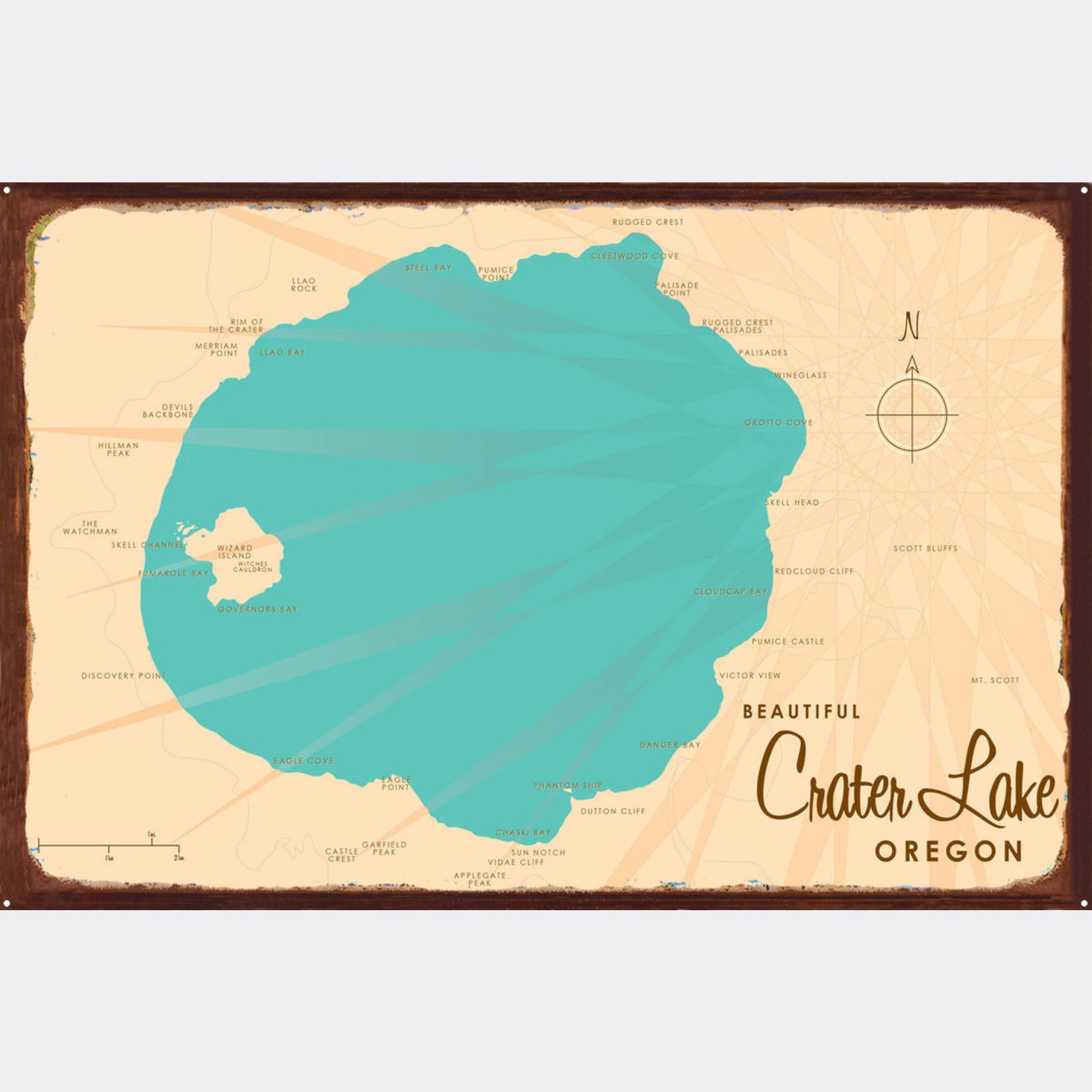 Crater Lake Oregon, Rustic Metal Sign Map Art