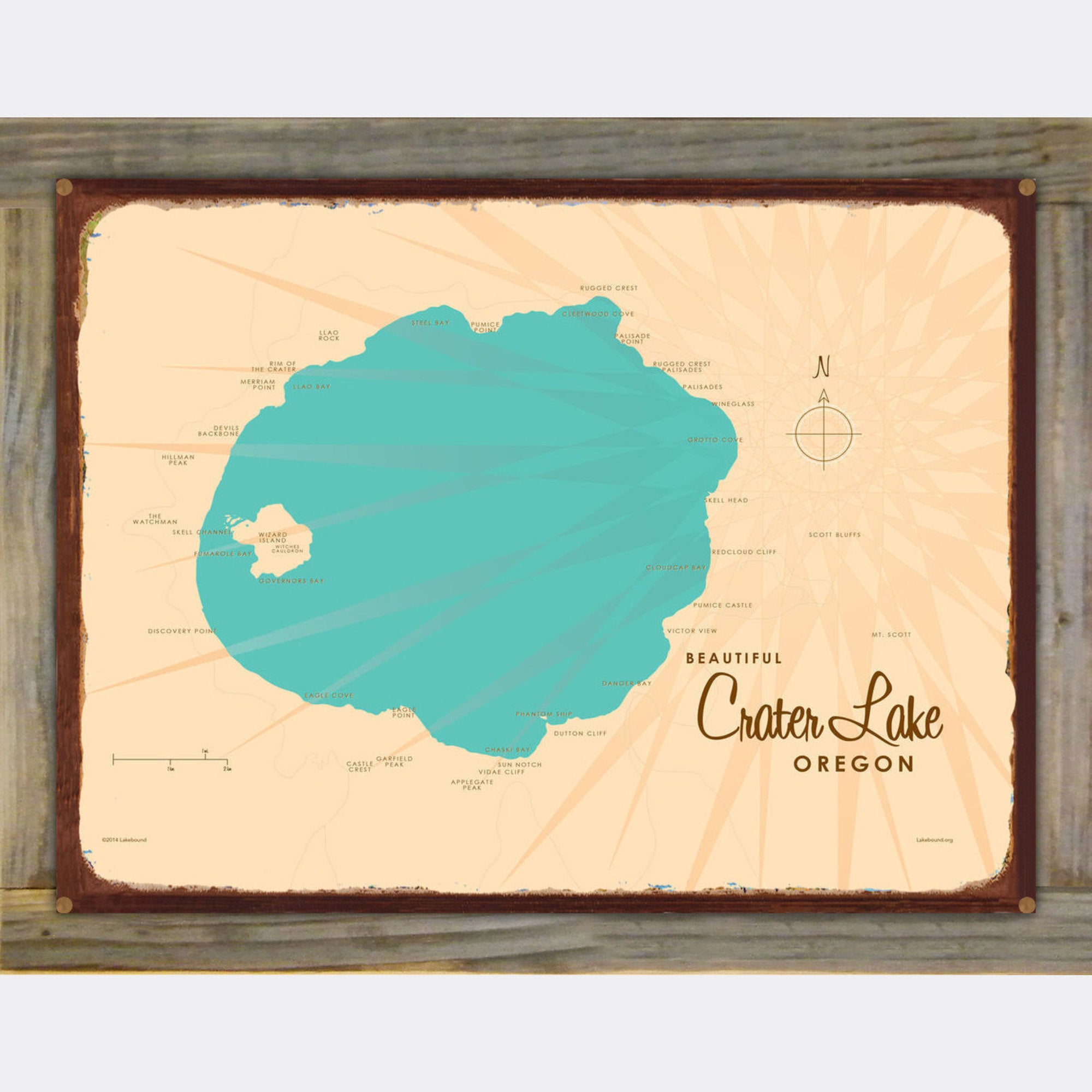 Crater Lake Oregon, Wood-Mounted Rustic Metal Sign Map Art