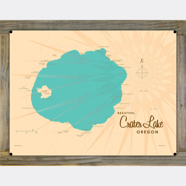 Crater Lake Oregon, Wood-Mounted Metal Sign Map Art